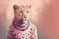 Portrait of a beautiful adult leopard wearing fashion pink sweater on a light background. Generative AI