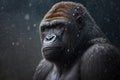 Portrait of beautiful African gorilla in snowfall outdoors. Great tropical monkey