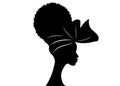 Portrait beautiful African woman in traditional turban and Afro frizzy curly hair, black women vector silhouette isolated , logo Royalty Free Stock Photo