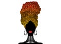 Portrait beautiful African woman in traditional turban, Kente head wrap, dashiki printing, black Afro scarf vector silhouette