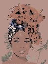 Portrait beautiful African woman in traditional turban. Painting head wrap Afro hair. black afro woman silhouette isolated with tr