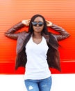 Portrait beautiful african woman wearing a leather jacket Royalty Free Stock Photo