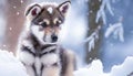 Portrait of a beautiful alaskan malamute puppy in the snow. Cute puppy. Little animals. generated ai