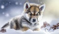 Portrait of a beautiful alaskan malamute puppy in the snow. Cute puppy. Little animals. generated ai