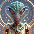 portrait of beautiful alien female in golden dress posing against universe background. Ai generated Royalty Free Stock Photo