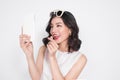 Portrait of beautiful asian fashionable girl taking selfie Royalty Free Stock Photo