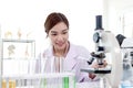 Portrait of beautiful Asian female scientist in lab coats doing science experiments, happy researcher woman using lab equipment Royalty Free Stock Photo