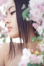 Portrait of a beautiful asian girl outdoors against spring blossom tree. Royalty Free Stock Photo