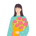 Portrait of a beautiful Asian woman with a bouquet of flowers. Female character on a white background. International Women`s Day.