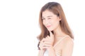 Portrait of beautiful asian woman makeup of cosmetic, girl hand touch chin and smile attractive Royalty Free Stock Photo