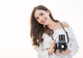 Portrait of beautiful asian woman photographer fashion look taking photo. Royalty Free Stock Photo