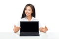 Portrait of beautiful Asian woman pointing to laptop monitor Royalty Free Stock Photo