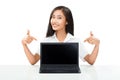 Portrait of beautiful Asian woman pointing to laptop monitor Royalty Free Stock Photo