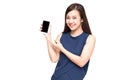 Asian wowan showing or presenting mobile phone application on hand isolated over white background