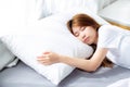 Portrait of beautiful asian young woman sleep lying in bed with head on pillow comfortable and happy with leisure. Royalty Free Stock Photo