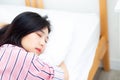 Portrait of beautiful asian young woman sleep lying in bed with head on pillow comfortable and happy with leisure, girl with relax