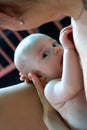 Beautiful baby breastfeeding close up, mom is holding little infant in the arms and feeding her with mother`s breast milk Royalty Free Stock Photo