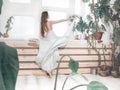 Portrait of beautiful balerina woman weared in white dress