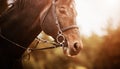 Portrait of a beautiful bay horse with a bridle on its muzzle, which gallops quickly on a sunny evening. Equestrian sports. Horse Royalty Free Stock Photo