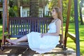 Portrait of beautiful Belarus woman half Ukrainian in white dress Royalty Free Stock Photo