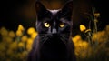 portrait of beautiful black cat and flowers on dark background Royalty Free Stock Photo