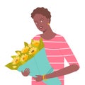 Portrait of a beautiful black skin woman with a bouquet of flowers. Female character on a dark background. International Women`s