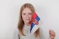 Portrait beautiful blond girl with the flag of Serbia. Football or soccer team fan, sport event and patriotism concept. Royalty Free Stock Photo