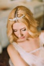 Portrait of beautiful blonde bride in diamond tiara close up Royalty Free Stock Photo