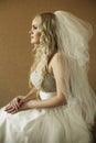 Portrait of a beautiful blonde bride over wooden background