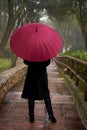 Portrait of beautiful blonde woman with red umbrella Royalty Free Stock Photo