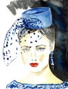 Portrait of beautiful blue eyed woman in blue handsome pillbox hat with veil, red lipstick, dark wet strokes background