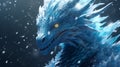 portrait of a beautiful blue ombre dragon surrounded by floating bubbles