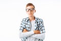 Portrait of beautiful boy with glasses, teen nerd smiling, in Studio on white background Royalty Free Stock Photo