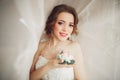 Portrait of beautiful bride with fashion veil and dress at wedding morning Royalty Free Stock Photo