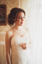 Portrait of beautiful bride with fashion veil and dress at wedding morning Royalty Free Stock Photo