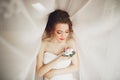 Portrait of beautiful bride with fashion veil and dress at wedding morning Royalty Free Stock Photo