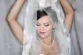 Portrait of beautiful bride with fashion veil posing at home at Royalty Free Stock Photo