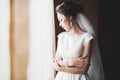 Portrait of beautiful bride with fashion veil at wedding morning