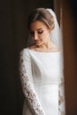 Portrait of beautiful bride standing by the window at home. Charming bride in white wedding dress Royalty Free Stock Photo
