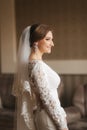 Portrait of beautiful bride standing by the window at home and tying on earrings. Charming bride in white wedding dress Royalty Free Stock Photo