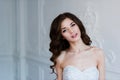 Portrait of beautiful bride. Wedding decoration and dress, white background