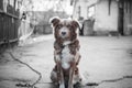 Portrait of Beautiful brown dog sitting on chain outside on gray background of old village yard Royalty Free Stock Photo