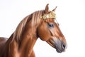 Portrait of a beautiful brown horse with jewelry on his head isolated on a white background. Generative AI Royalty Free Stock Photo