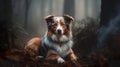 Portrait of a beautiful brown and white domestic australian shepherd dog posing in nature. Royalty Free Stock Photo