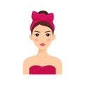 Portrait of a Beautiful Brunette Girl in a Dress with Bare Shoulders, with a Pink Bow on her Head. Cute Lady in a Towel. Cartoon Royalty Free Stock Photo