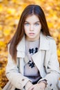 Portrait of a beautiful brunette little girl, autumn park outdoors Royalty Free Stock Photo