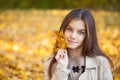 Portrait of a beautiful brunette little girl, autumn park outdoors Royalty Free Stock Photo