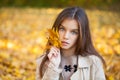 Portrait of a beautiful brunette little girl, autumn park outdoors Royalty Free Stock Photo