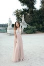 Portrait of beautiful brunette in long chiffon rose dress Royalty Free Stock Photo