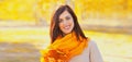 Portrait of beautiful brunette smiling woman wearing scarf with yellow maple leaves in autumn park Royalty Free Stock Photo